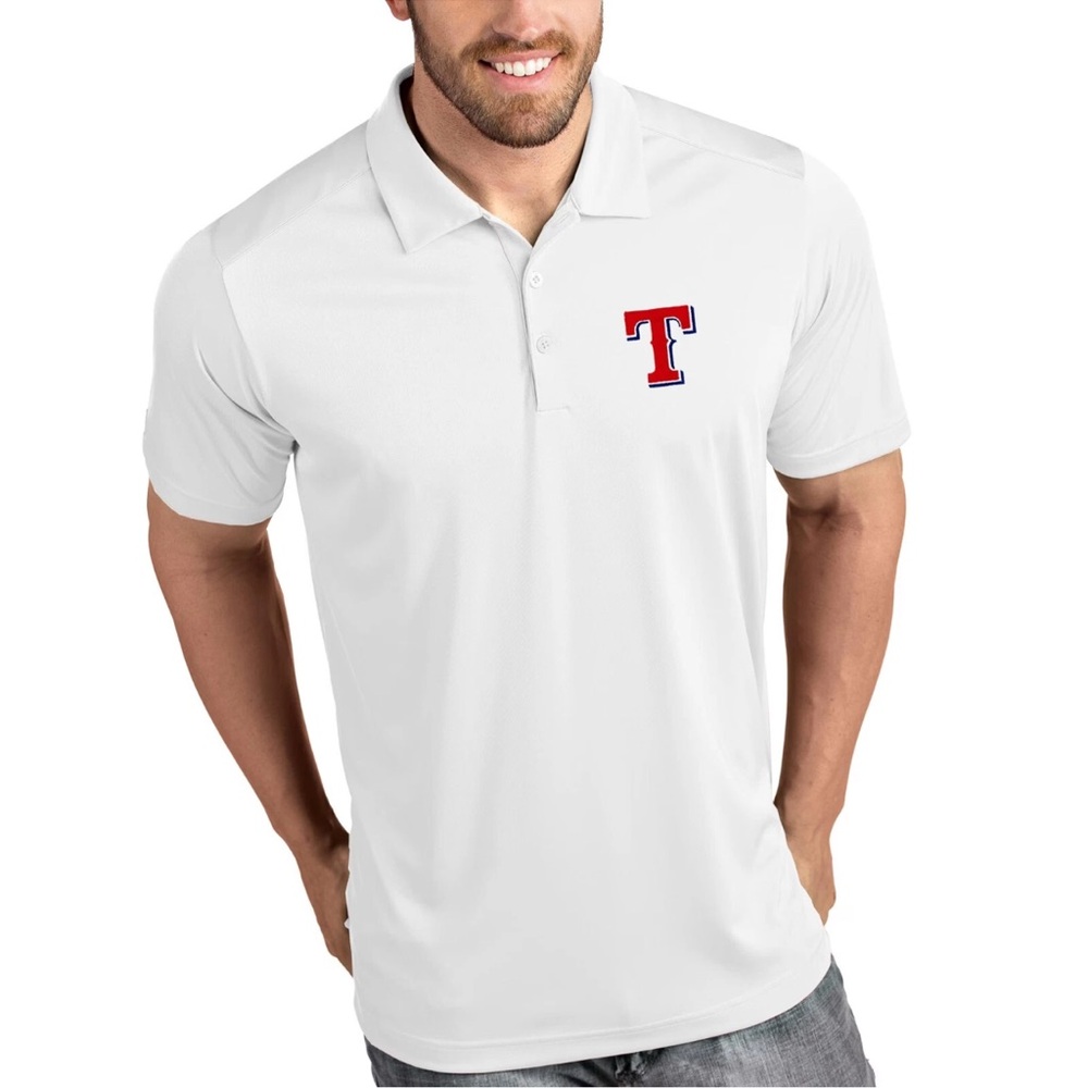 White Polo golf Shirt by Antigua with Red Texas Rangers MLB Logo nwt